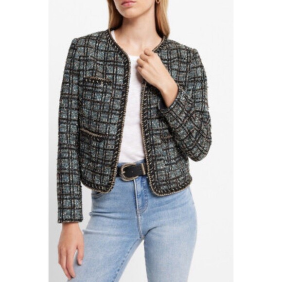 Express Metallic Plaid Tweed Jacket with Gold Chain Detail Classic Old Money-S - Picture 12 of 12